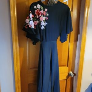 Black Shein Dress ankle length short sleeve mock neck drop back floral accent